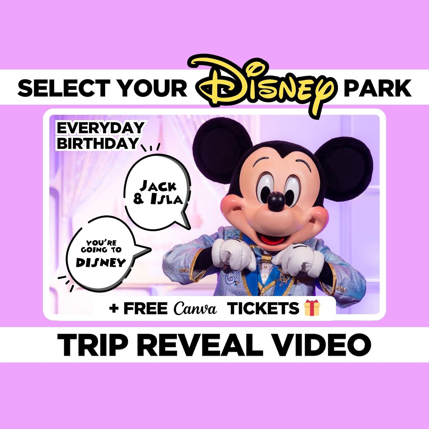 Personalized Surprise Trip Reveal Video Message Movie Mouse Kids Family Magical World Land Theme Park Orlando Florida California Paris