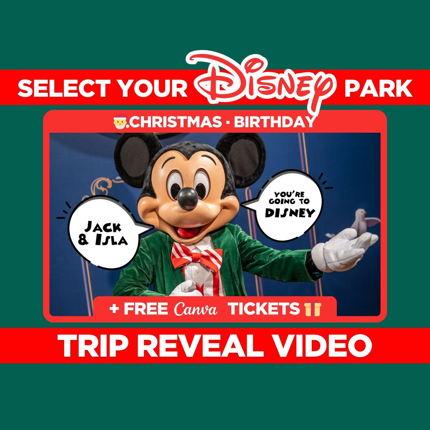 Personalized Surprise Trip Reveal Video Message Movie Mouse Christmas Holiday Magical World Land Theme Park Orlando Florida California Paris