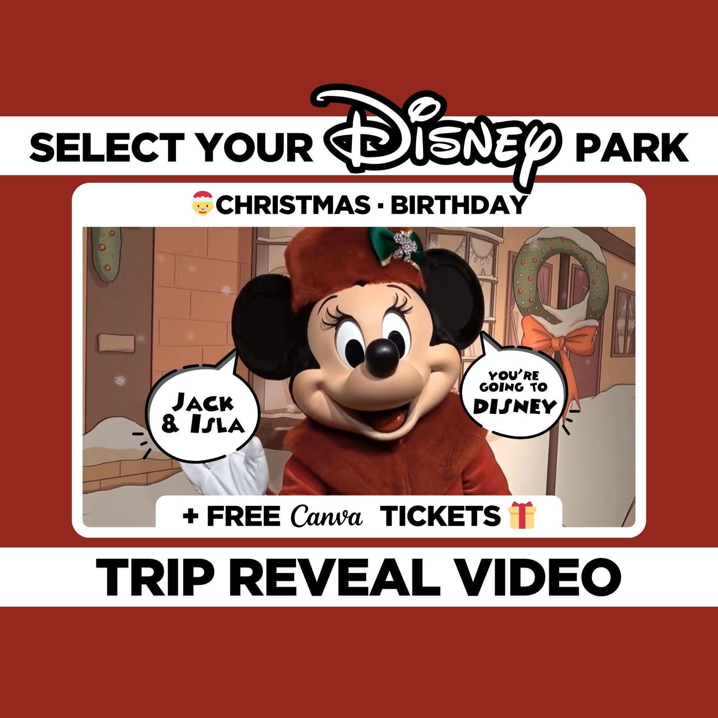 Personalized Surprise Trip Reveal Video Message Movie Mouse Christmas Holiday Magical World Land Theme Park Orlando Florida California Paris